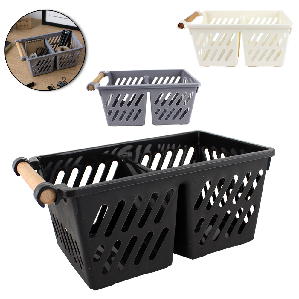 CESTO ORGANIZADOR DE PLASTICO RETANGULAR VAZADO COM 2 DIVISORIAS + ALCA DE MADEIRA 26X15,5X11CM