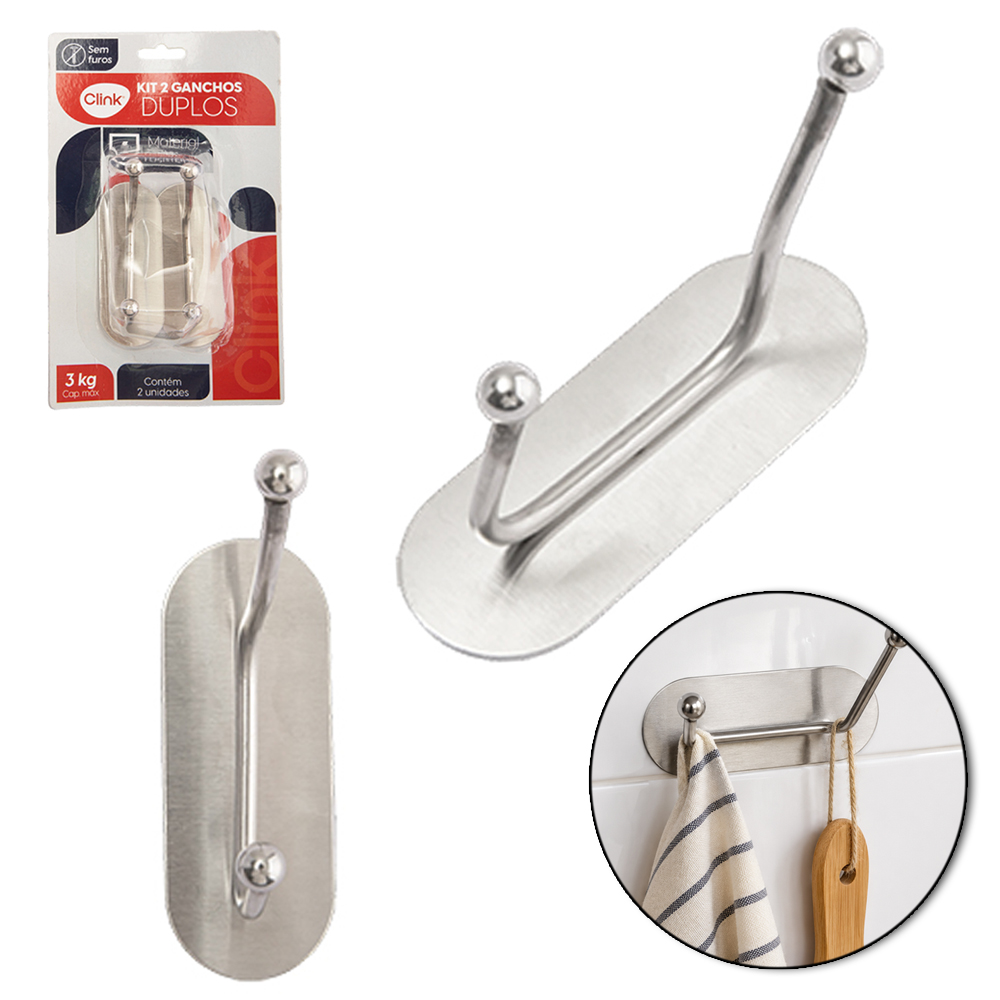 CABIDE GANCHO DE INOX OVAL COM 2 GANCHOS DUPLO AUTOADESIVO 8,5X5X3CM