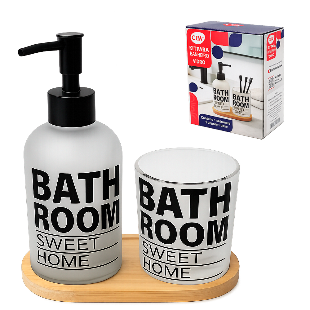 JOGO PARA BANHEIRO DE VIDRO FOSCO BATH ROOM SWEET HOME COM SUPORTE DE BAMBU 3 PECAS