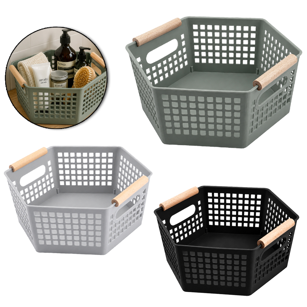 CESTO ORGANIZADOR DE PLASTICO SEXTAVADO VAZADO COM ALCA DE MADEIRA 26X10,5CM