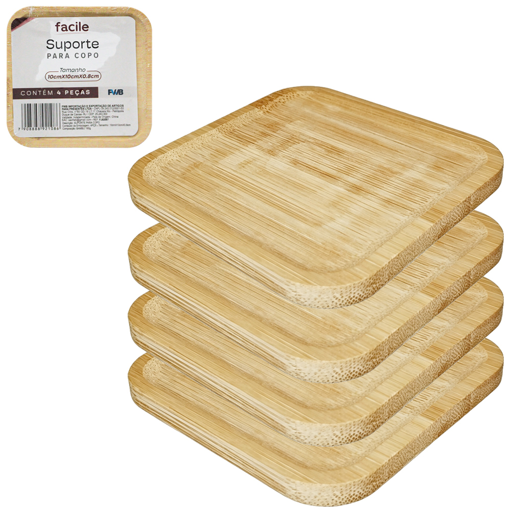 SUPORTE PORTA COPO DE BAMBU QUADRADO COM 4 PECAS 10CM