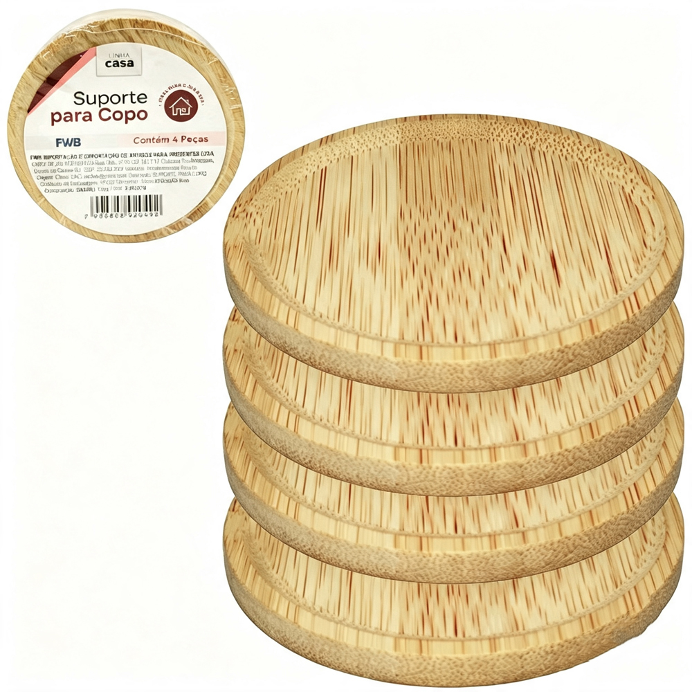 SUPORTE PORTA COPO DE BAMBU REDONDO COM 4 PECAS 10CM DE Ø