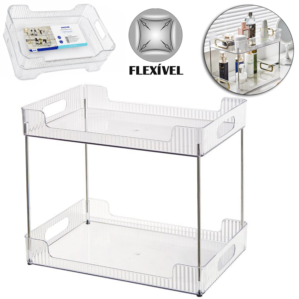 ORGANIZADOR PRATELEIRA DUPLA DE PLASTICO PET FLEXIVEL / METAL RETANGULAR 4 TUBOS INOVA 33,3X27X22,5CM