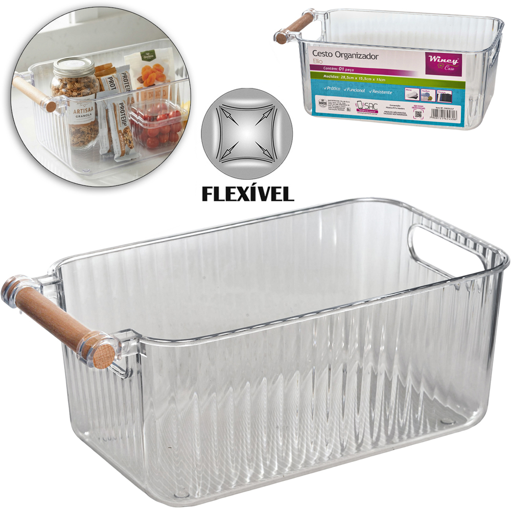 CAIXA ORGANIZADOR DE PLASTICO PET FLEXIVEL COM ALCA DE MADEIRA 28,5X15,5X11CM 