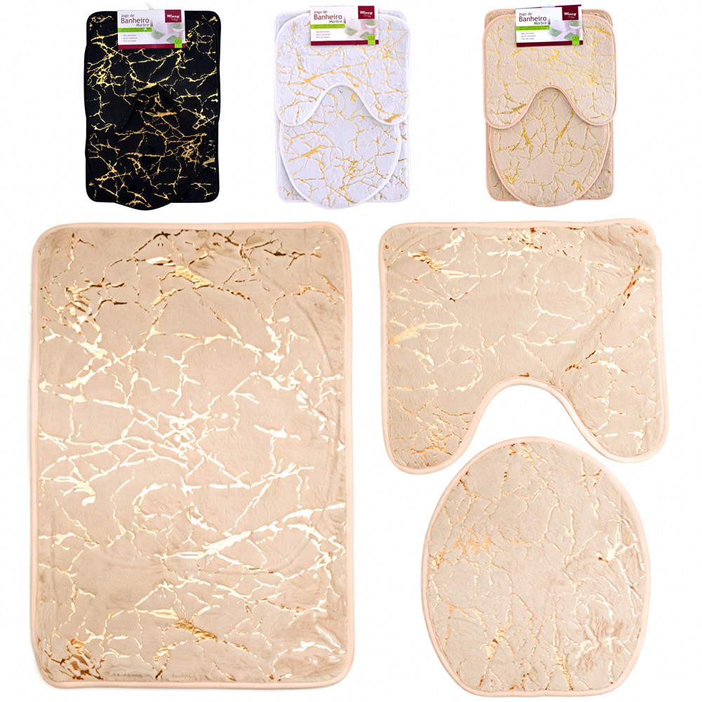 JOGO DE TAPETE DE PISO DE PELUCIA PARA BANHEIRO ANTIDERRAPANTE MARMORE MARBLE COM 3 PECAS 