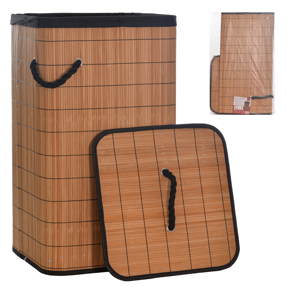 CESTO ORGANIZADOR PARA ROUPAS / ROUPEIRO DE BAMBU COM TAMPA E ALCA RUNA 60X35X35CM 