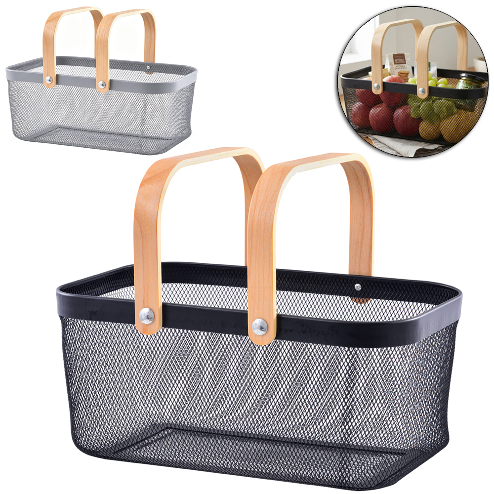 CESTO ORGANIZADOR ARAMADO RETANGULAR MULTIUSO COM ALCA DE MADEIRA 40X28X18CM 