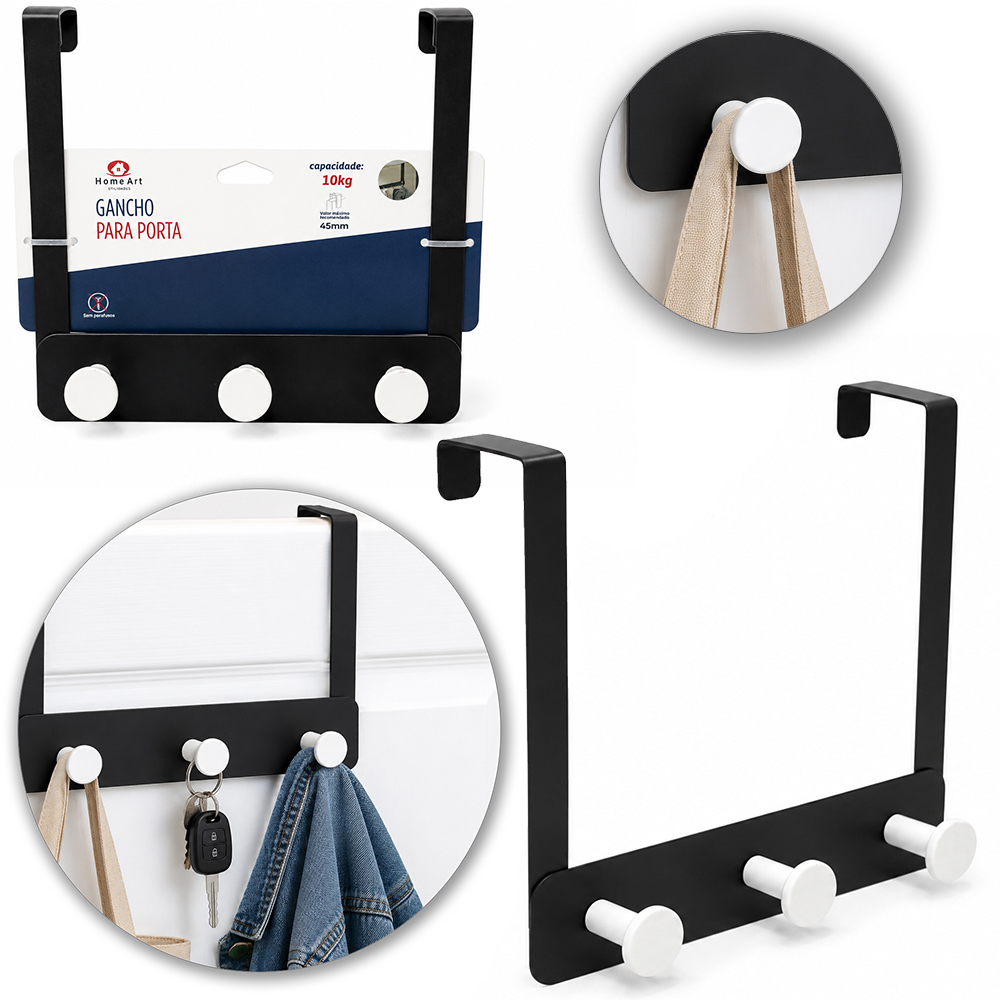 CABIDE GANCHO DE METAL PARA PORTA BLACK COM 3 GANCHOS PLASTICO WHITE 19,5X18,5X8CM 