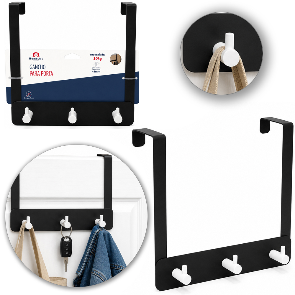 CABIDE GANCHO DE METAL PARA PORTA BLACK COM 3 GANCHOS PLASTICO WHITE 19,5X18,5X8CM