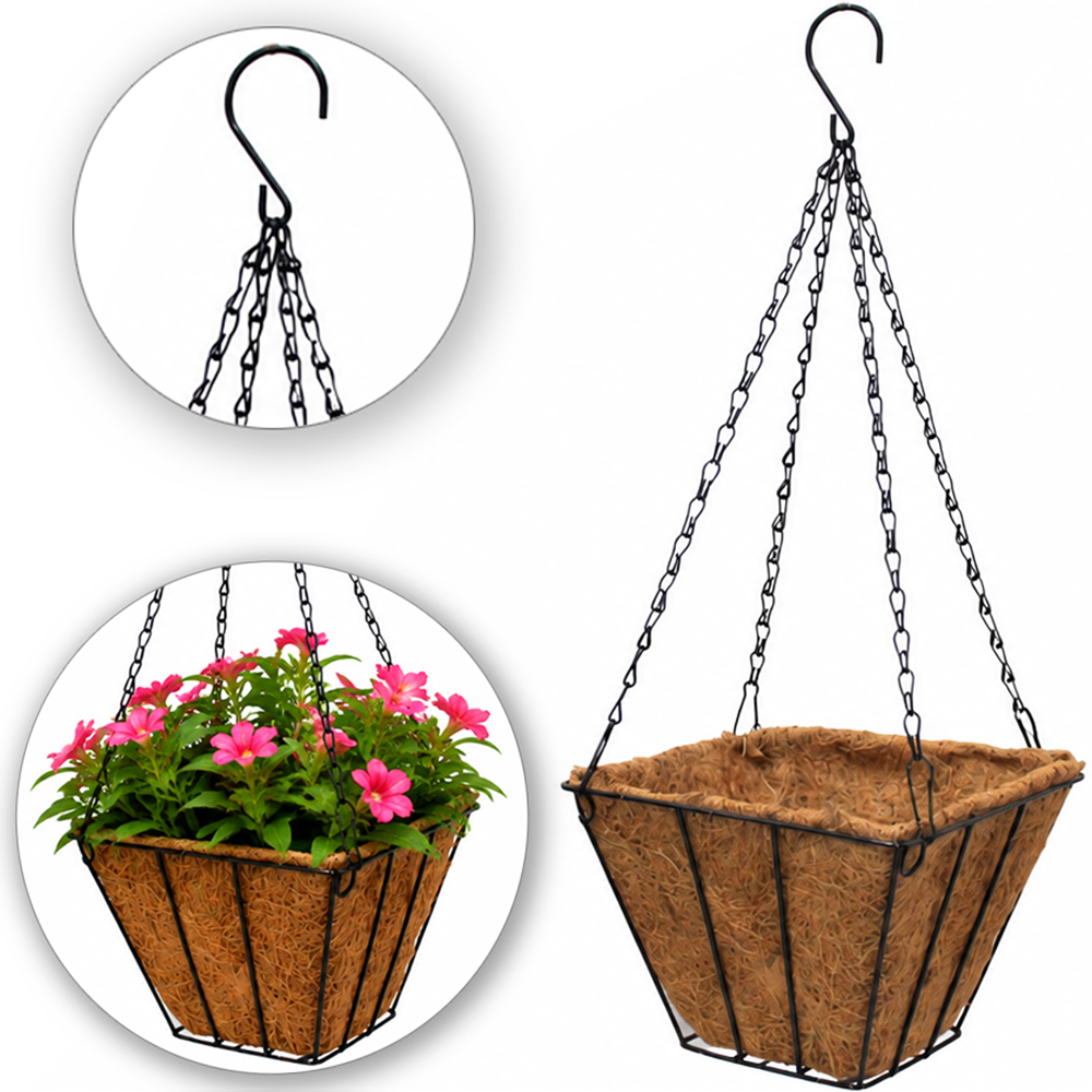 CESTO SUSPENSO / VASO DE FIBRAS NATURAIS COM SUPORTE ARAMADO E CORRENTE 20X14CM