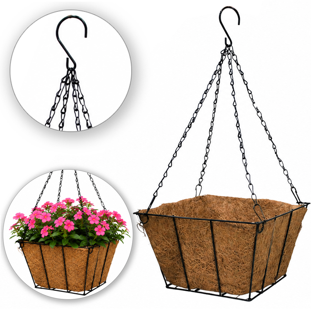 CESTO SUSPENSO / VASO DE FIBRAS NATURAIS COM SUPORTE ARAMADO E CORRENTE 24X15CM
