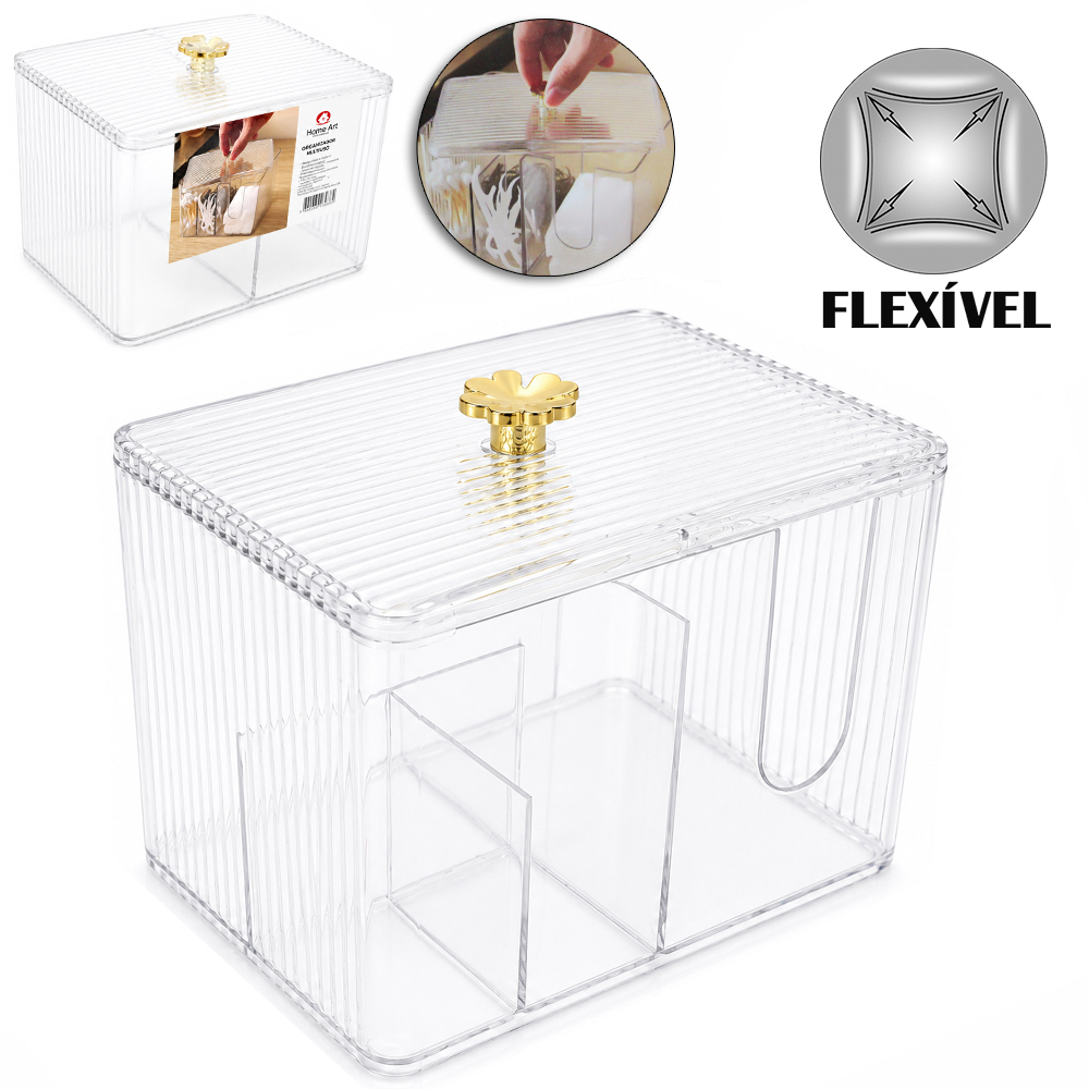 ORGANIZADOR PORTA OBJETOS DE PLASTICO PET FLEXIVEL RETANGULAR COM 4 DIVISORIAS + TAMPA MULTIUSO 14,5X11,2X10,5CM
