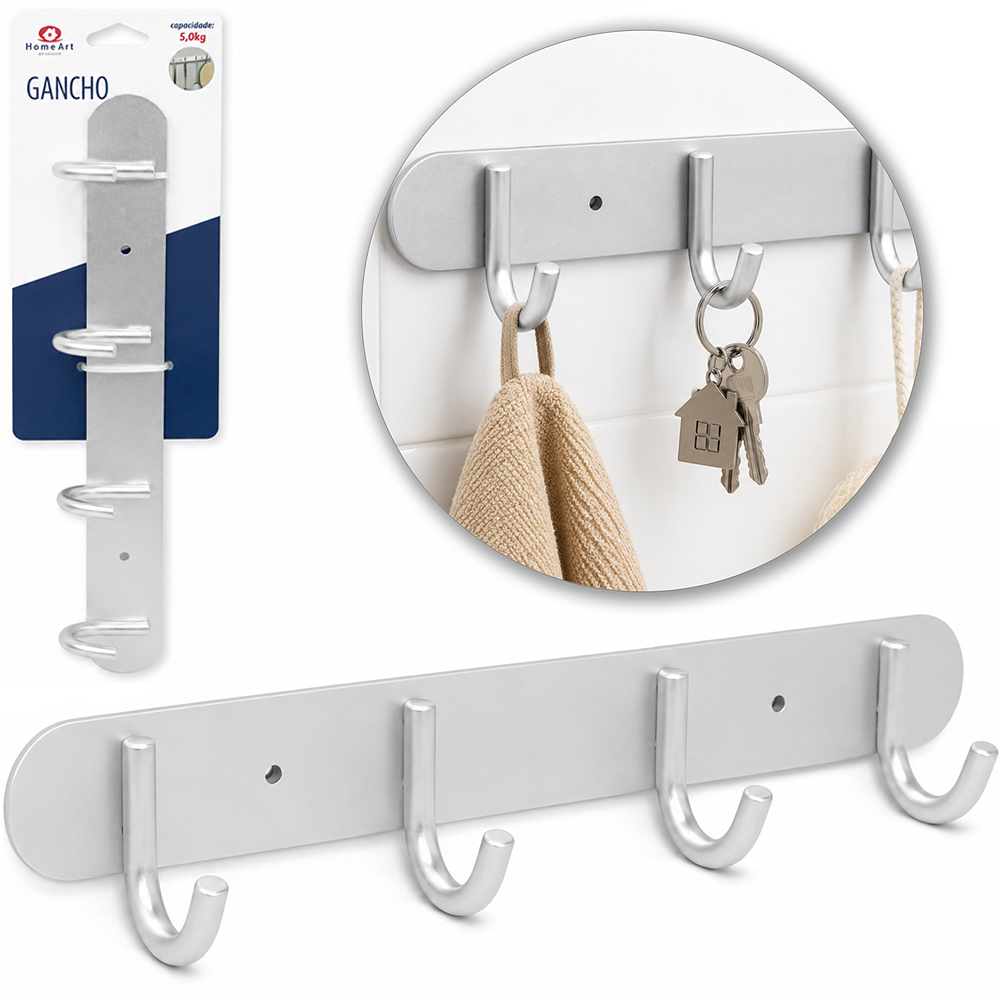 CABIDE GANCHO DE ALUMINIO OVAL COM 4 GANCHOS 26,5X5X4CM  