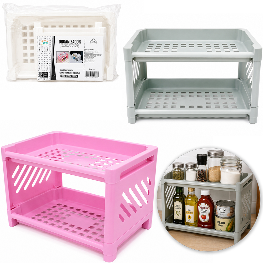 ORGANIZADOR PRATELEIRA RACK DUPLA DE PLASTICO RETANGULAR MULTIUSO 23X15X15CM