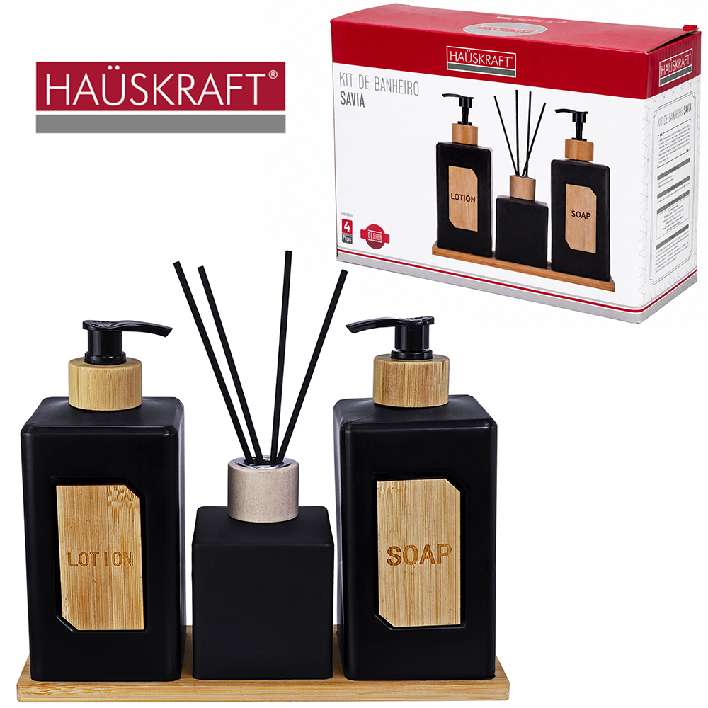 JOGO PARA BANHEIRO DE VIDRO QUADRADO PRETO COM GOLA E SUPORTE DE BAMBU HAUSKRAFT 4 PECAS