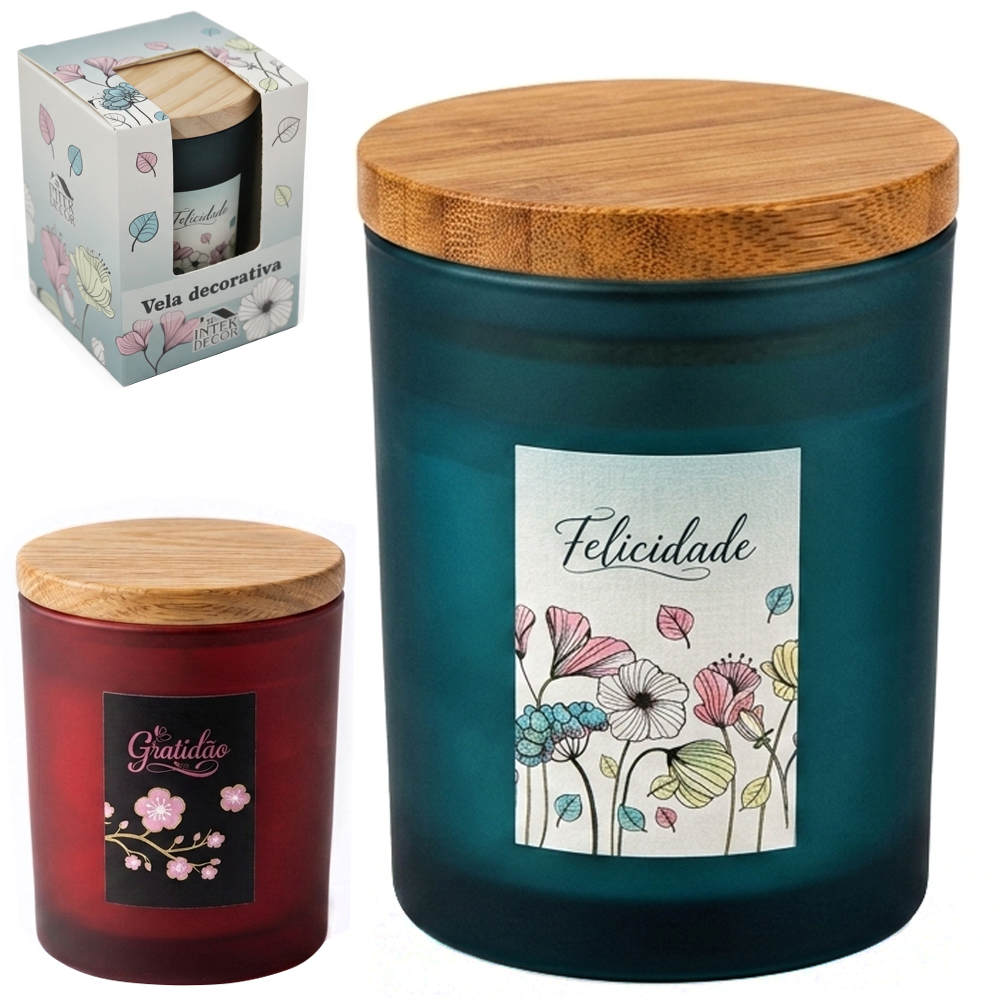 VELA DECORATIVA AROMATICA CASTICAL DE VIDRO REDONDO COM TAMPA MADEIRA INTER DECOR 6,5X5 DE Ø
