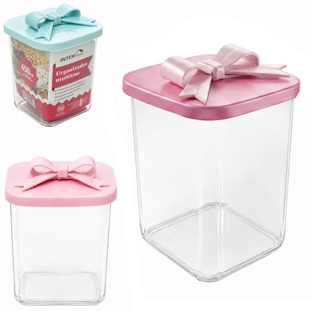 ORGANIZADOR DE PLASTICO PET FLEXIVEL QUADRADO MULTIUSO COM TAMPA LACO SILICONE INTER HOUSE 450ML 10X8,5CM