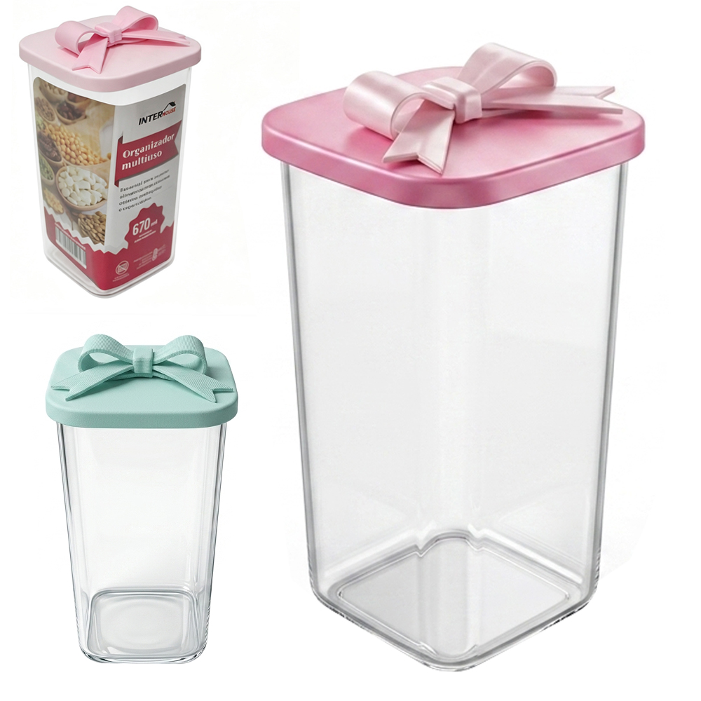 ORGANIZADOR DE PLASTICO PET FLEXIVEL QUADRADO MULTIUSO COM TAMPA LACO SILICONE INTER HOUSE 670ML 15,5X8,5CM