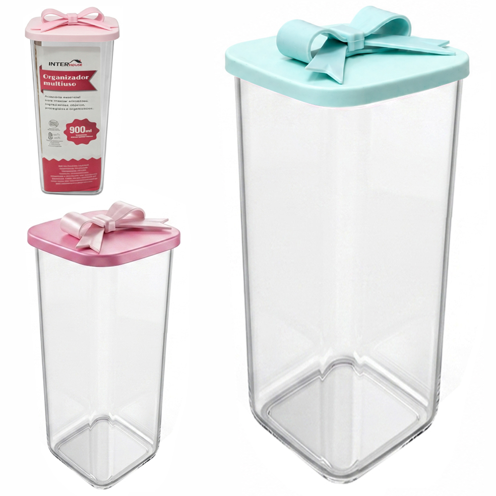 ORGANIZADOR DE PLASTICO PET FLEXIVEL QUADRADO MULTIUSO COM TAMPA LACO SILICONE INTER HOUSE 900ML 20,5X8,5CM
