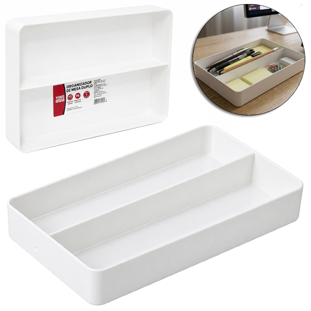 ORGANIZADOR DE MESA RETANGULAR MULTIUSO DE PLASTICO COM 2 DIVISORIAS YINS PAPER 21,5X14,5X3,5CM