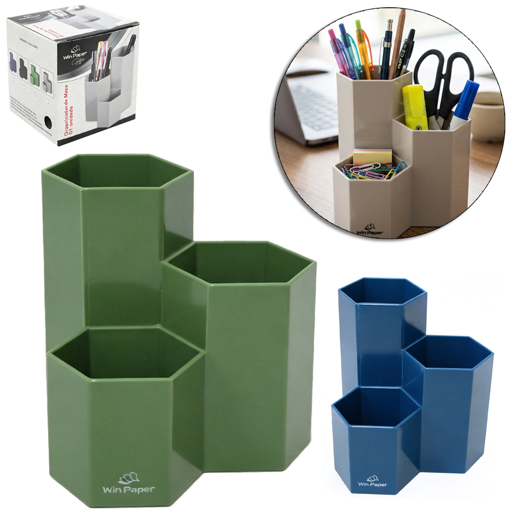 ORGANIZADOR DE MESA / PORTA CANETA / LAPIS DE PLASTICO SEXTAVADO COM 3 CAVIDADES WIN PAPER OFFICE 11X12CM