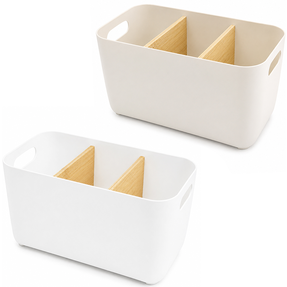 CESTO CAIXA ORGANIZADOR PLASTICO COM 2 DIVISORIAS DE BAMBU 19,5X11X9CM 
