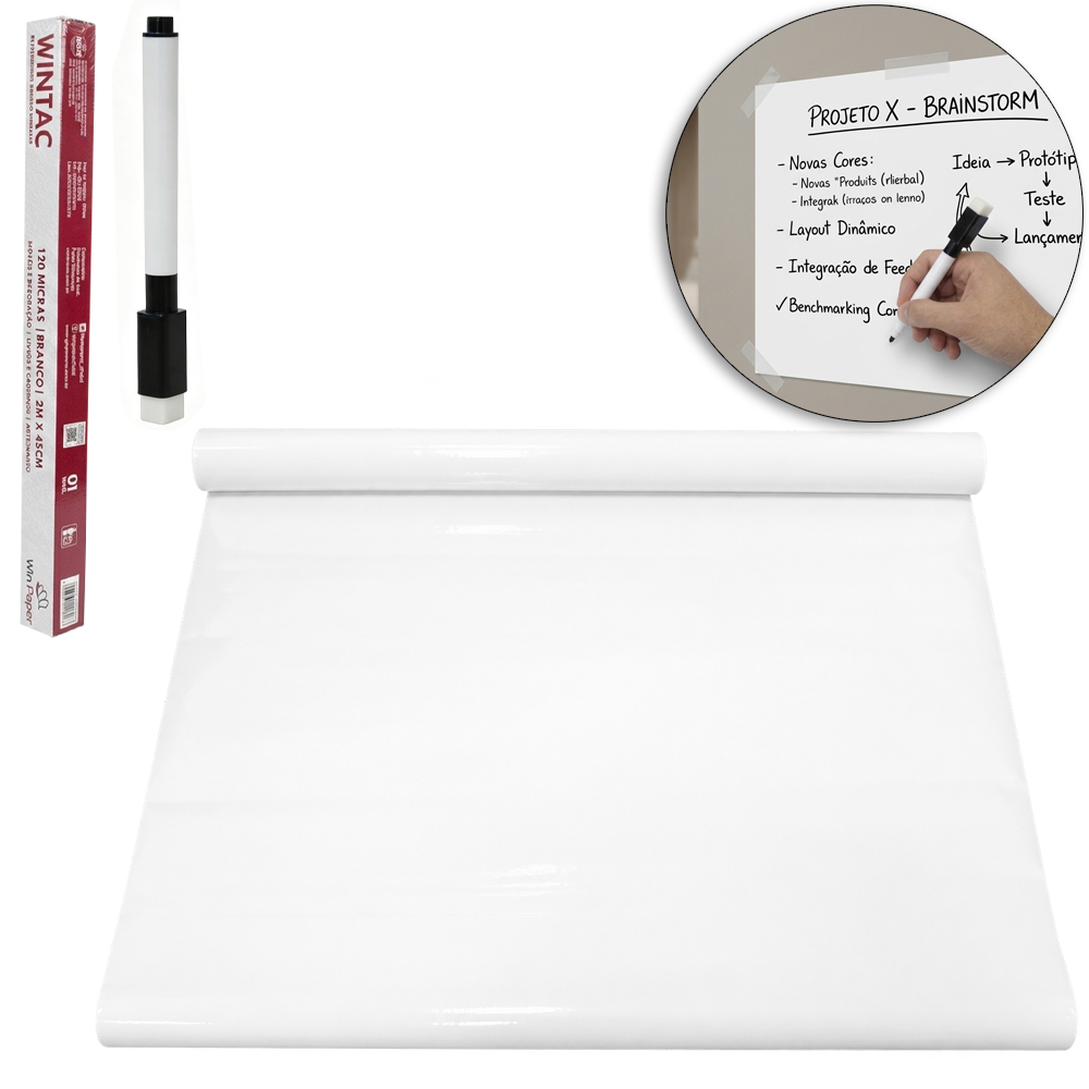 PAPEL REVESTIMENTO ROLO AUTOADESIVO QUADRO BRANCO WINTAC CHALKBOARD COM CANETA 2MX45CM