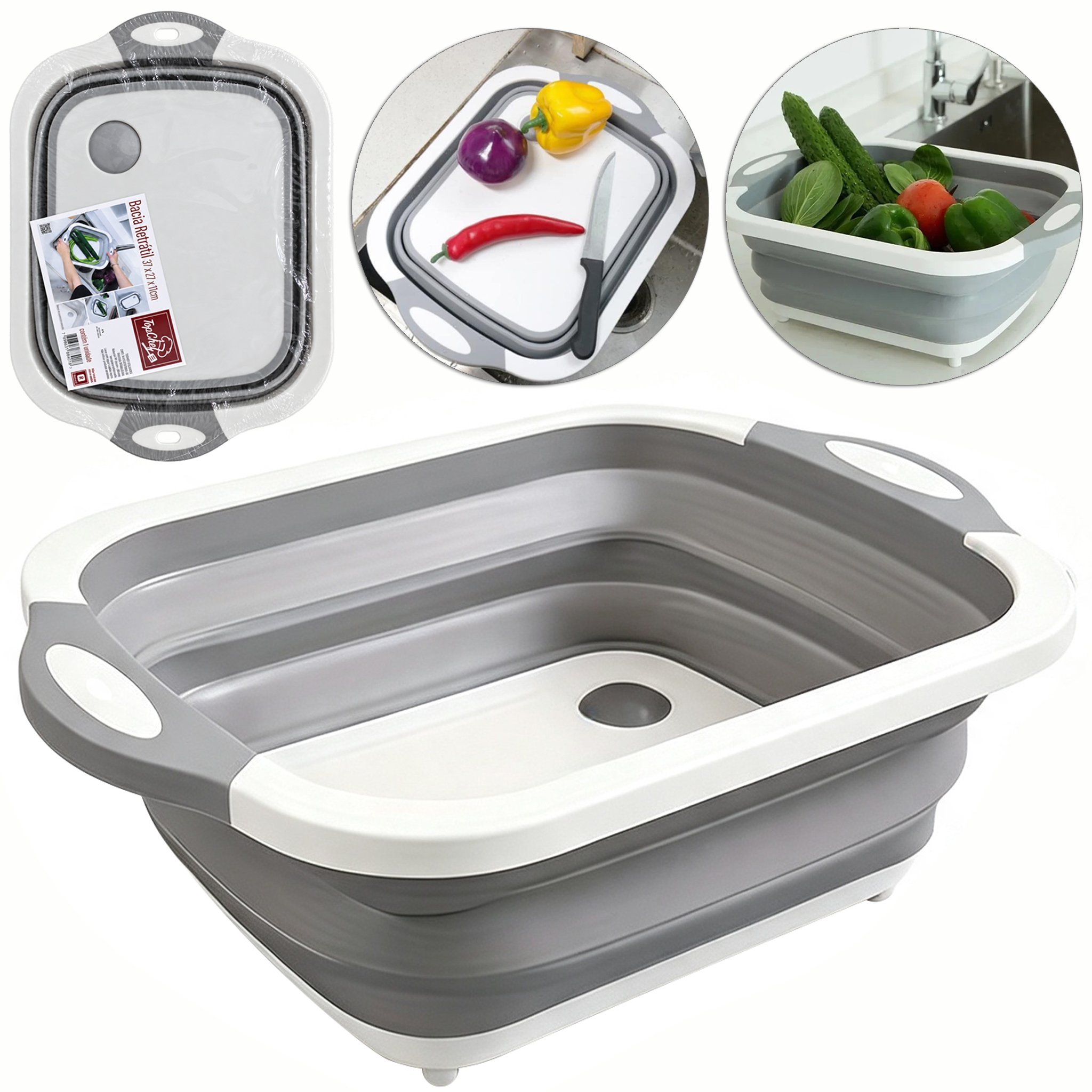 CESTO DE SILICONE RETANGULAR RETRATIL COM ALCA 37X27X11CM