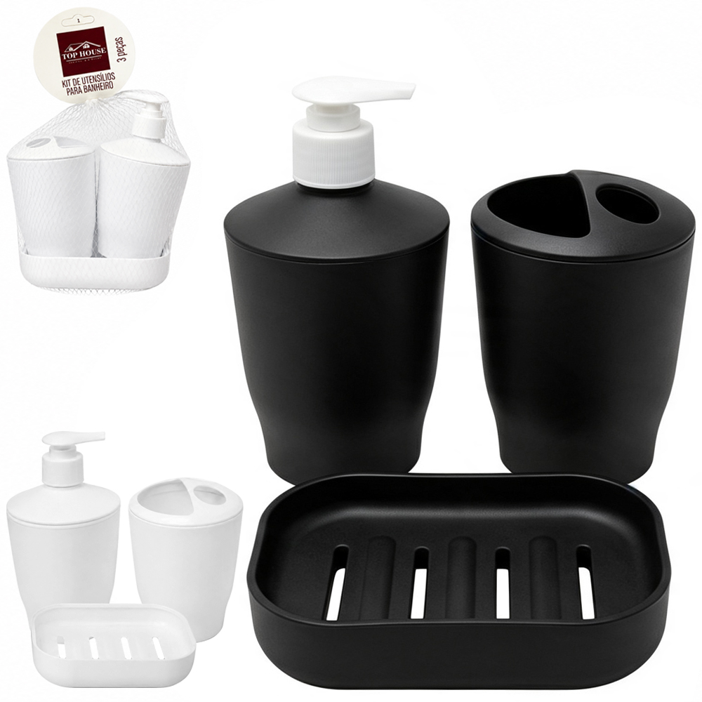 PORTA SABONETE LIQUIDO COM SABONETEIRA + PORTA ESCOVA DE PLASTICO REDONDO 3 PECAS