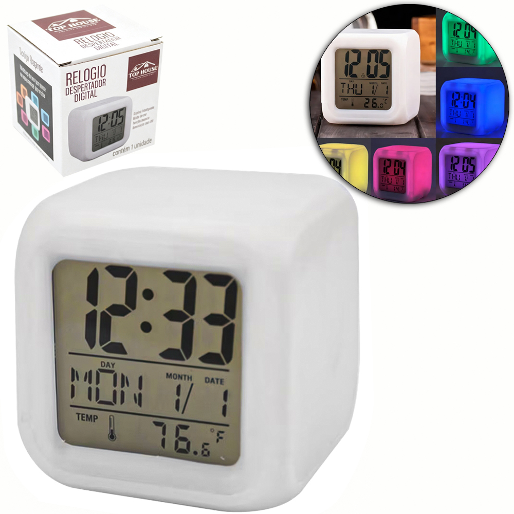 RELOGIO DE MESA / DESPERTADOR DIGITAL CUBO COM TERMOMETRO + CALENDARIO + LUZ RGB A PILHA 8CM