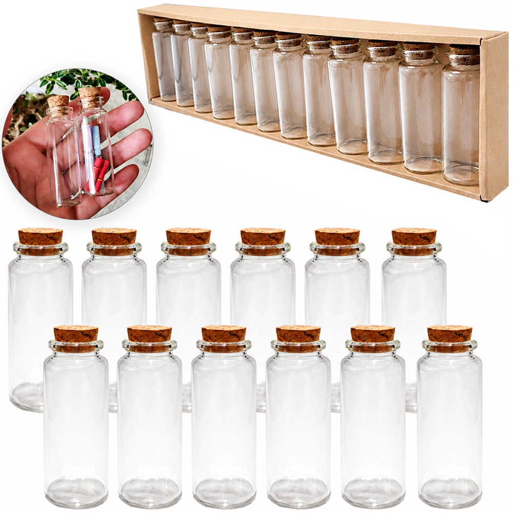 FRASCO / POTE DE VIDRO REDONDO COM TAMPA CORTICA 12 PECAS 45ML 