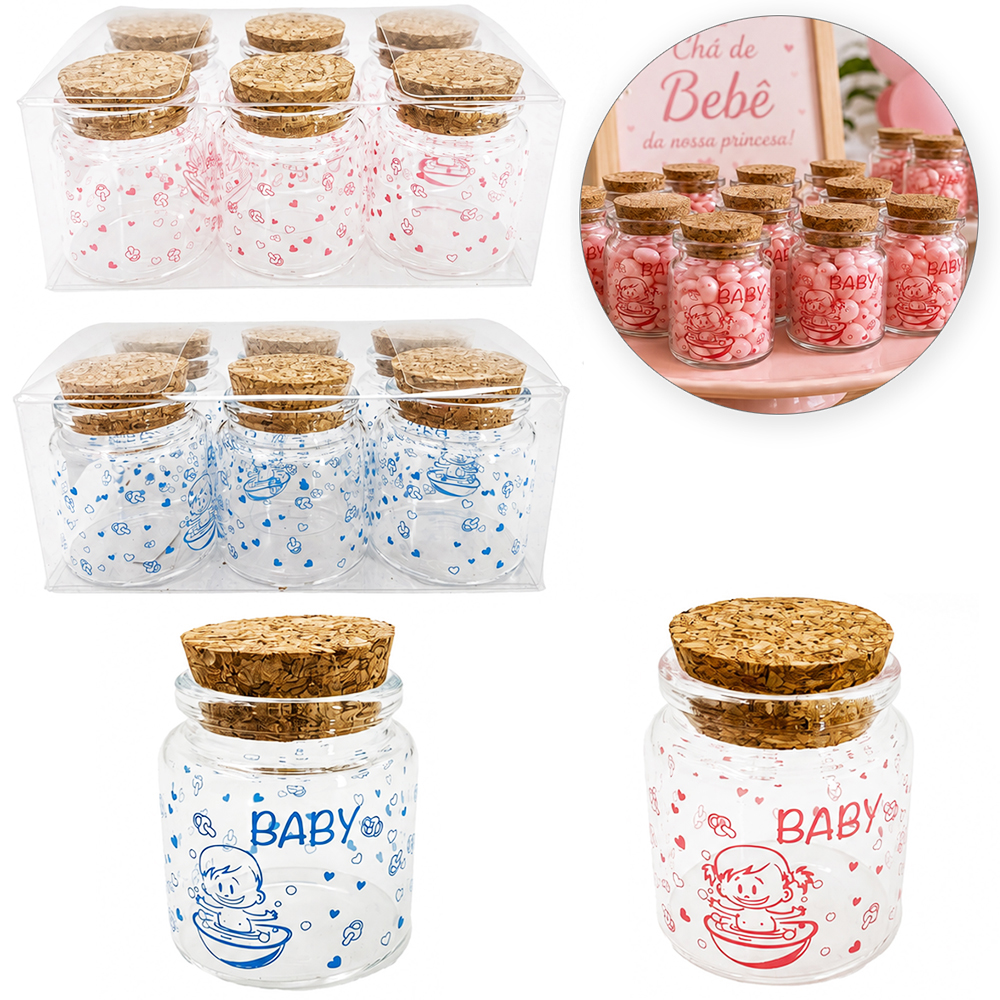 FRASCO / POTE DE VIDRO REDONDO BABY COM TAMPA CORTICA 6 PECAS 50ML 