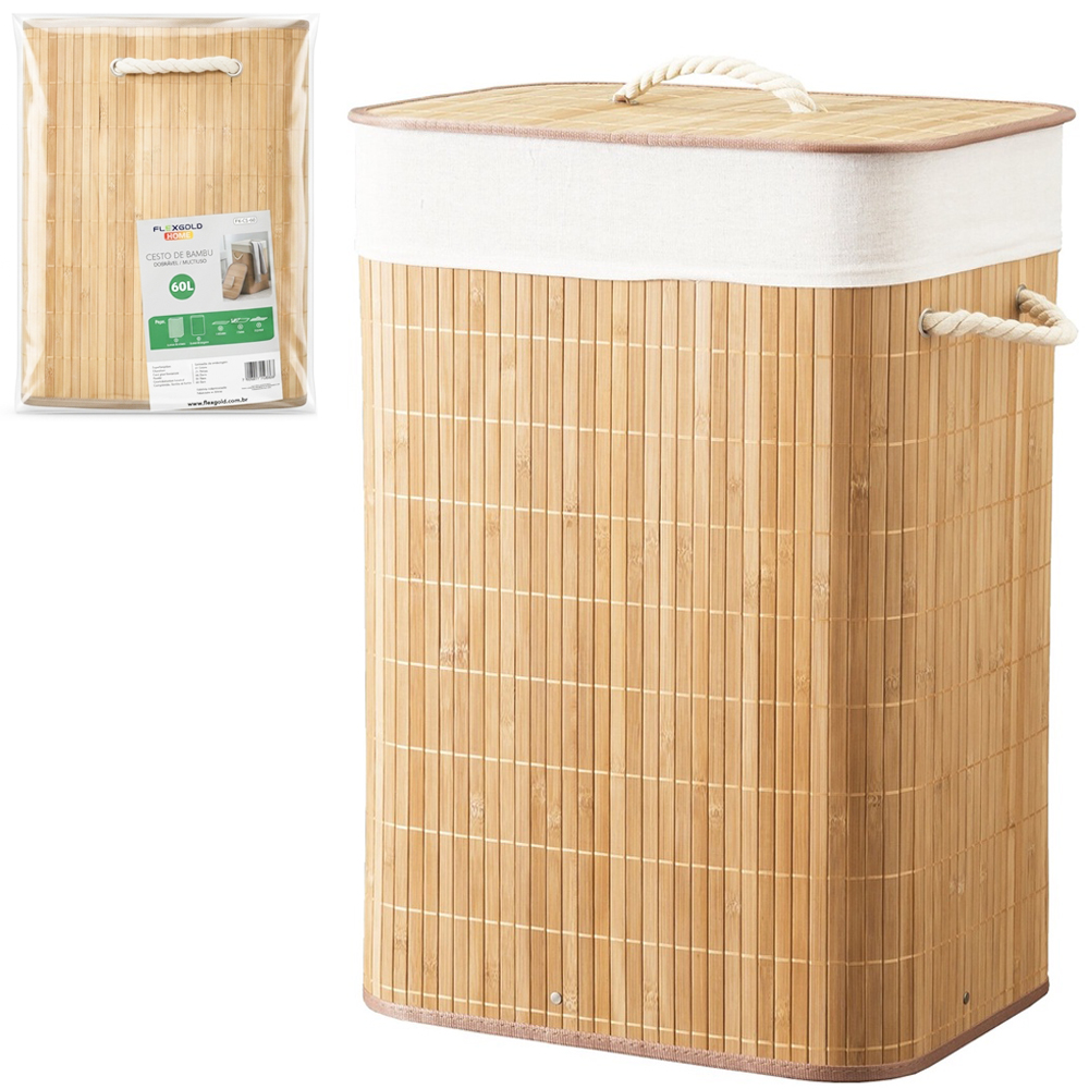 CESTO ORGANIZADOR PARA ROUPAS / ROUPEIRO BAMBU COM TAMPA + ALCA + ARAME E FORRO POLIESTER FLEXGOLD HOME 60L 50X40X30CM 