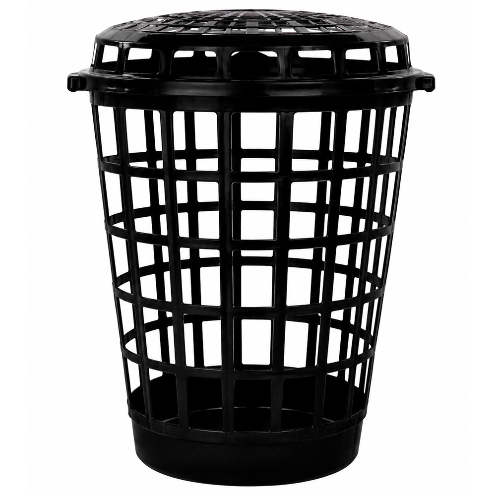 CESTO TELADO DE PLASTICO REDONDO PARA ROUPA ECO COM TAMPA E ALCA PRETO 56L 60X48X45,5CM DE Ø