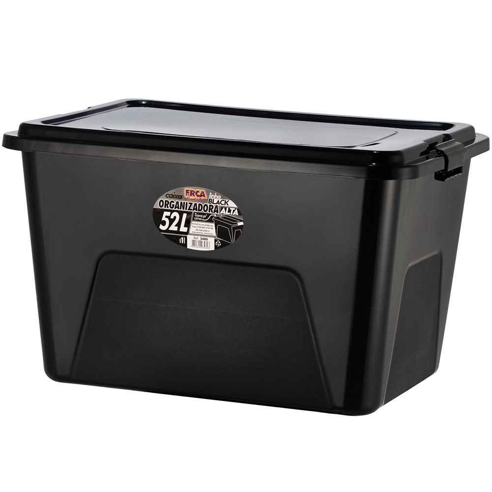 CAIXA ORGANIZADOR CONTAINER DE PLASTICO RETANGULAR ALTA BLACK COM TAMPA + TRAVA E ALCA 52L 56X40X34CM