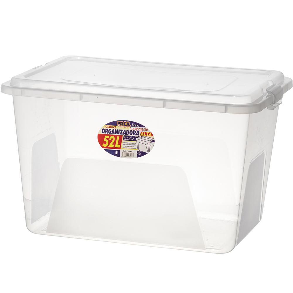 CAIXA ORGANIZADOR CONTAINER PLASTICO RETANGULAR ALTA TRANSPARENTE COM TAMPA+ TRAVA E ALCA 52L 56X40X34CM