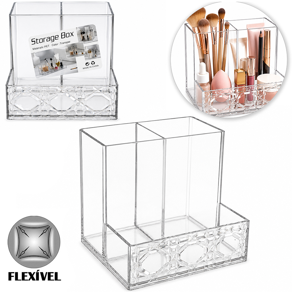ORGANIZADOR DE PLASTICO PET FLEXIVEL RETANGULAR COM 3 DIVISORIAS MULTIUSO STORAGE BOX 10,3X10,3X9,5CM