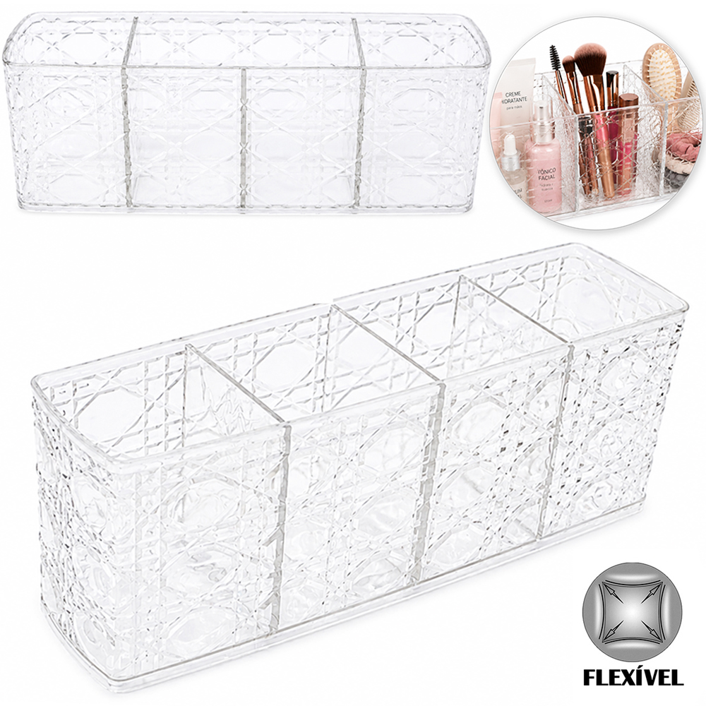 ORGANIZADOR DE PLASTICO PET FLEXIVEL RETANGULAR COM 4 DIVISORIAS MULTIUSO STORAGE BOX 21,5X8X5,5CM