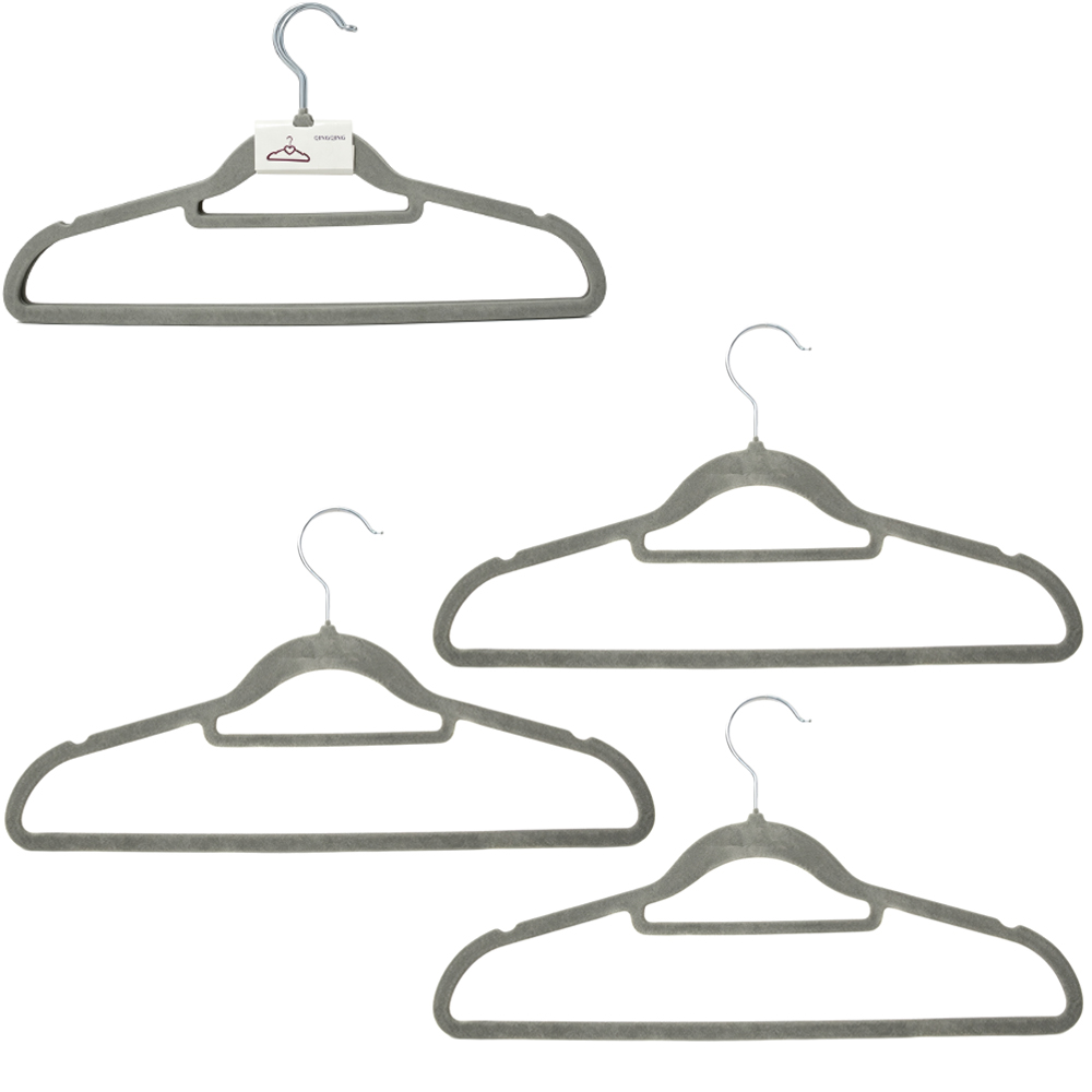 CABIDE ROUPA DE PLASTICO REVESTIDO EM VELUDO COM CAVA CINZA 3 PECAS 21,5X21,5CM 4MM