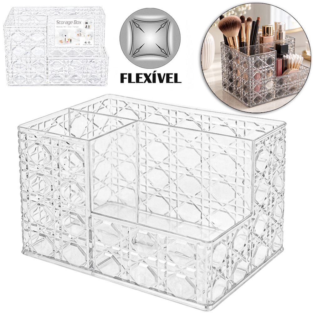 ORGANIZADOR DE PLASTICO PET FLEXIVEL RETANGULAR COM 3 DIVISORIAS MULTIUSO STORAGE BOX 16X11X10,5CM