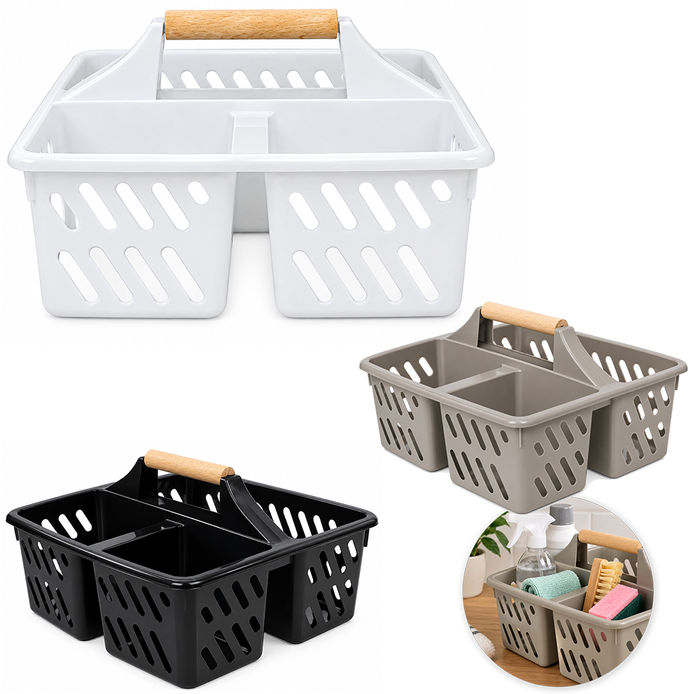 CESTO ORGANIZADOR DE PLASTICO VAZADO COM 3 DIVISORIAS + ALCA DE MADEIRA 23,5X23X13,3CM