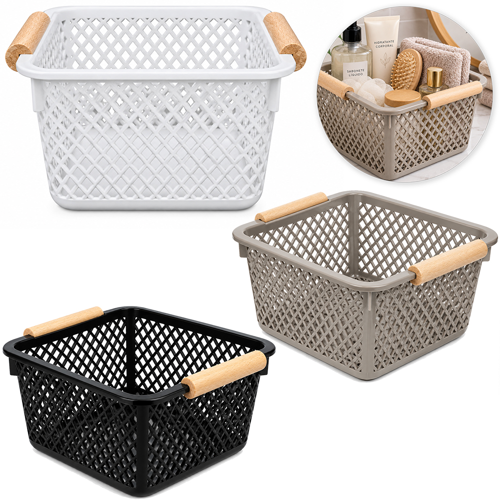 CESTO ORGANIZADOR DE PLASTICO QUADRADO VAZADO COM ALCA DE MADEIRA 13,2X12,2X8CM