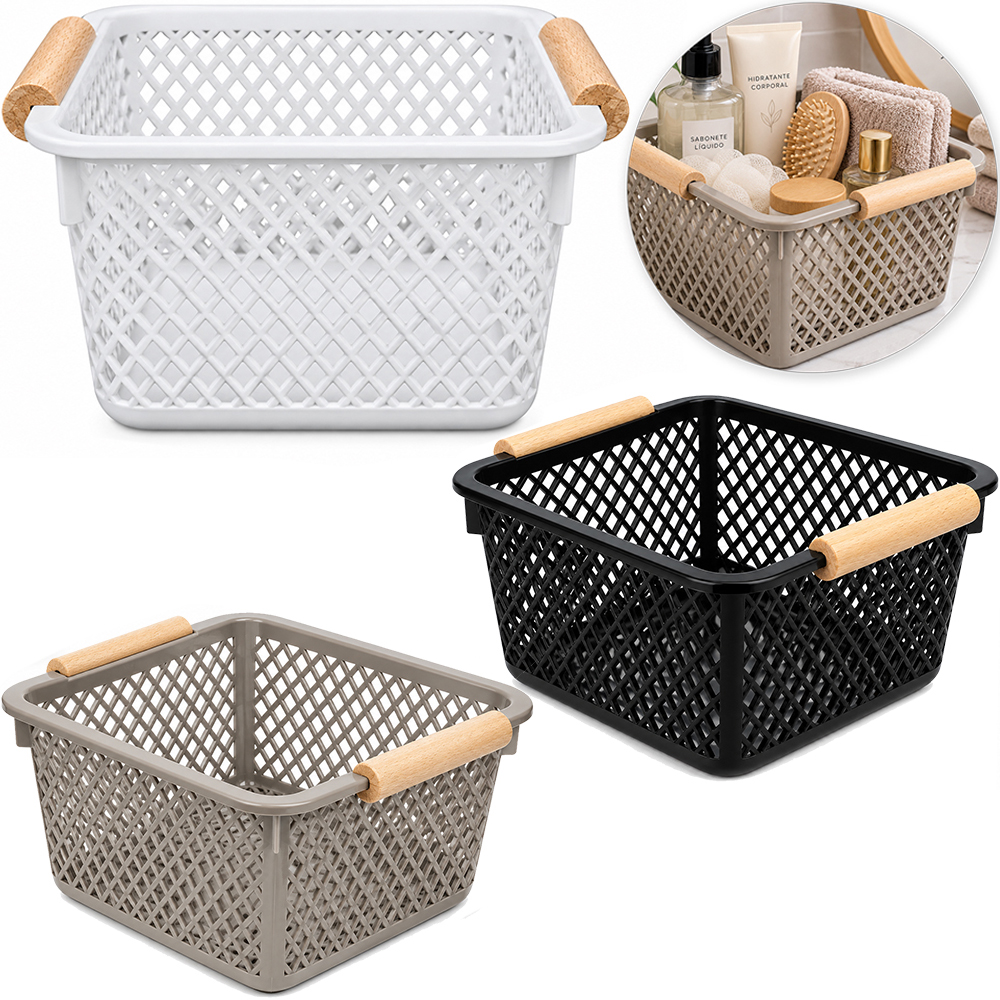 CESTO ORGANIZADOR DE PLASTICO QUADRADO VAZADO COM ALCA DE MADEIRA 15,8X14,5X9,5CM