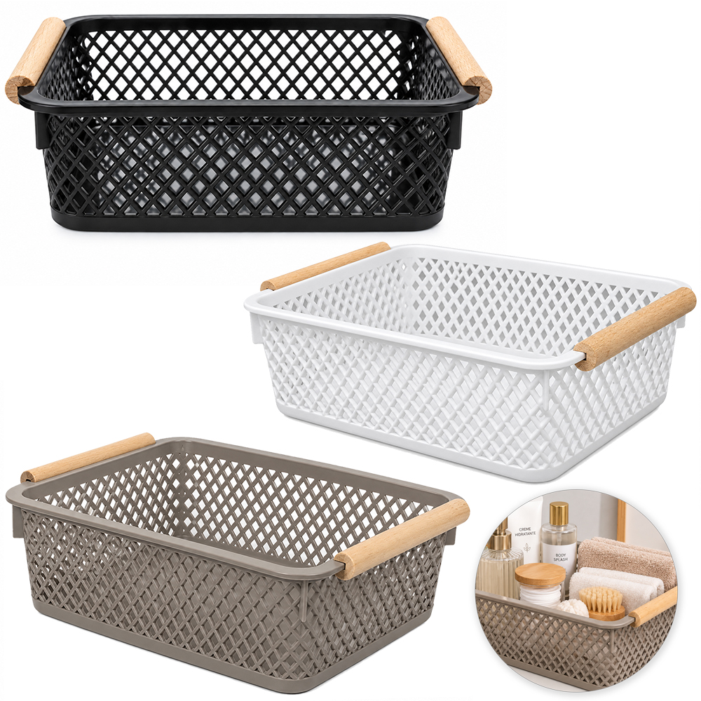 CESTO ORGANIZADOR DE PLASTICO RETANGULAR VAZADO COM ALCA DE MADEIRA 19,5X13,5X6CM