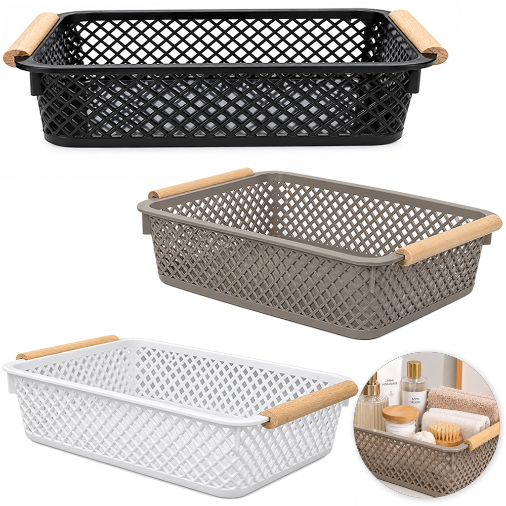 CESTO ORGANIZADOR DE PLASTICO RETANGULAR VAZADO COM ALCA DE MADEIRA 27,5X18,5X7CM