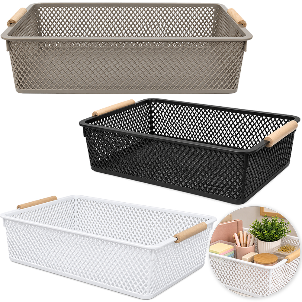 CESTO ORGANIZADOR DE PLASTICO RETANGULAR VAZADO COM ALCA DE MADEIRA 36,5X25X9CM