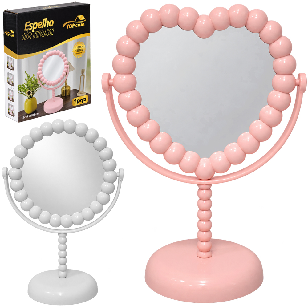 ESPELHO DE MESA DUPLA FACE CORACAO PEROLA COM MOLDURA DE PLASTICO PREMIUM TOP CASA 24,5X16,5X10,5CM