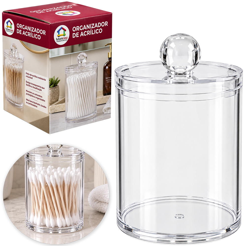 ORGANIZADOR PORTA COTONETE DE ACRILICO REDONDO COM TAMPA 10,5X7CM DE Ø 