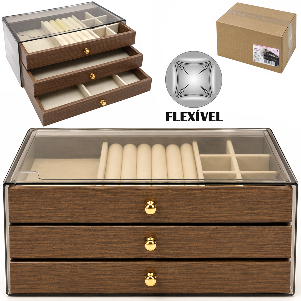 ORGANIZADOR PORTA JOIAS POLIESTER / PLASTICO PET FLEXIVEL E MADEIRA MDF RETANGULAR 3 GAVETAS + 14 DIV. JOLYIN BEAUTY