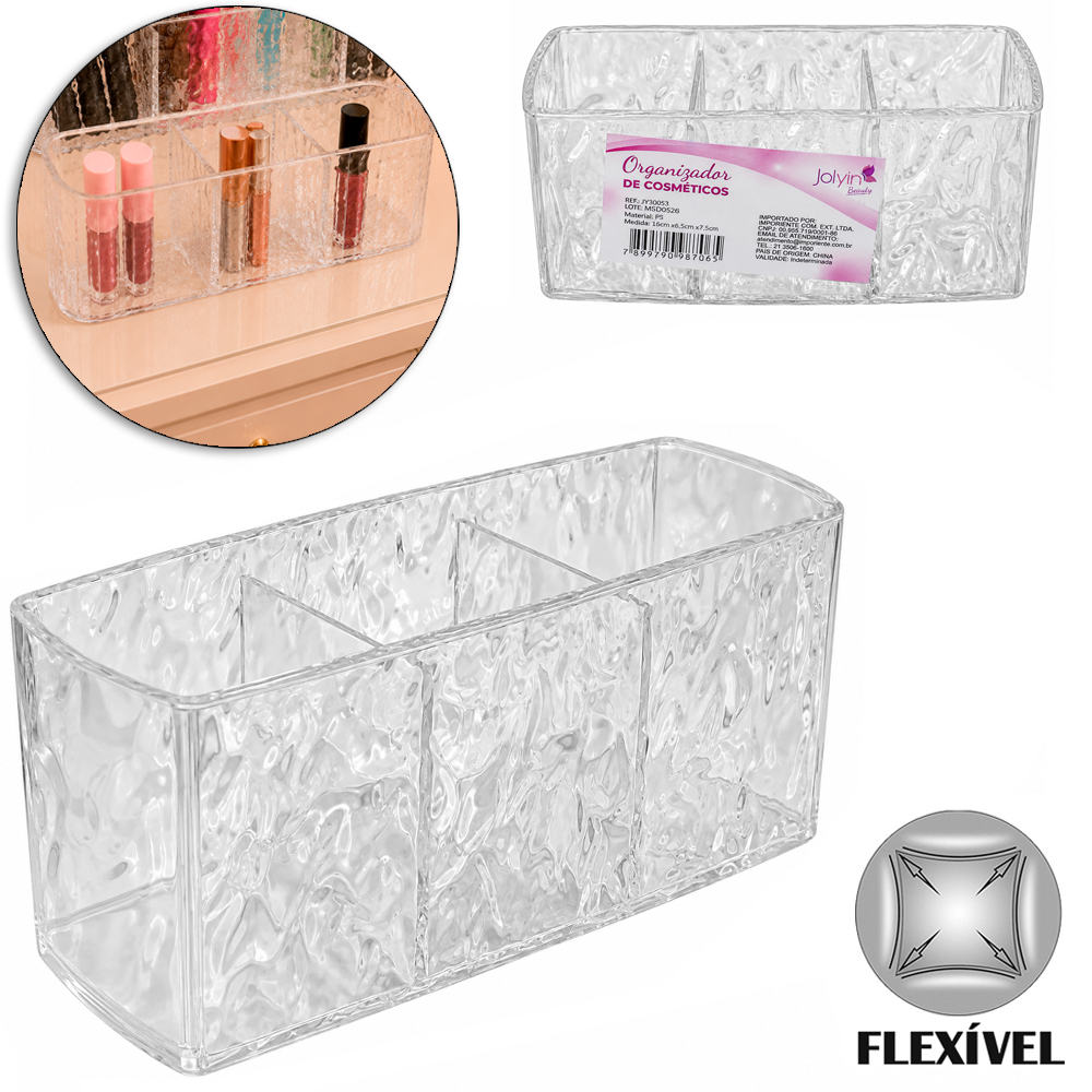 ORGANIZADOR DE PLASTICO PET FLEXIVEL RETANGULAR COM 3 DIVISORIAS MULTIUSO JOLYIN BEAUTY 16X7,5X6,5CM